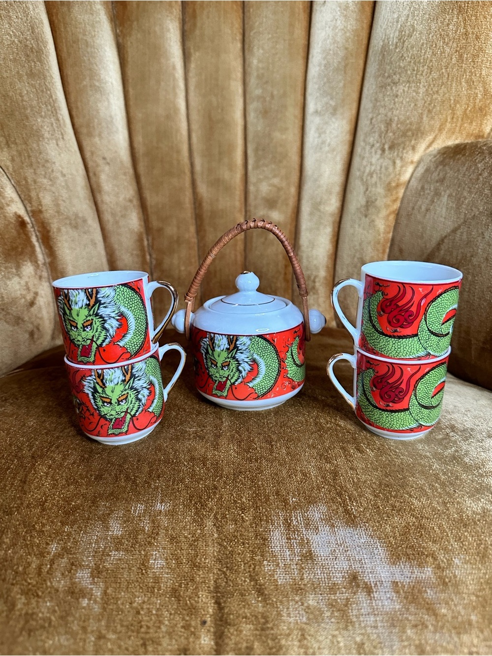 Vintage Red Dragon Lot 4 Teacups & Covered Sugar Bowl Green Dragon